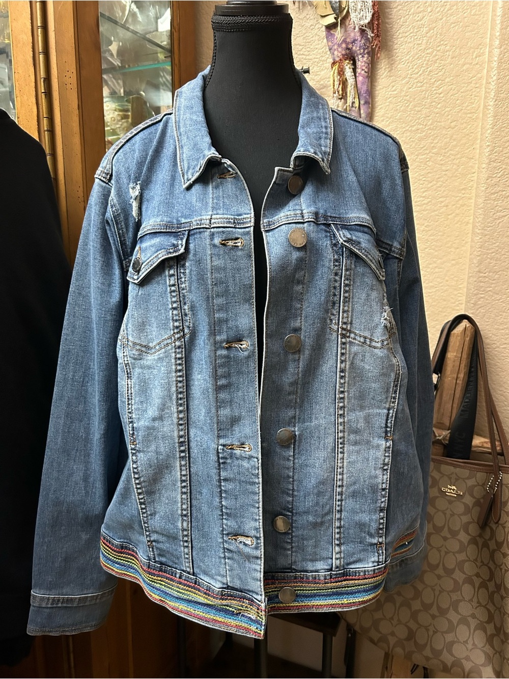Lane Bryant Light Blue Denim Jacket with Rainbow Hem Trim
